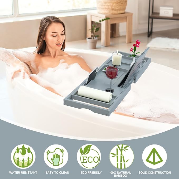 Premium Bathtub Caddy Tray - Bath Tray - Bath Tub Tray Table for Bathtub - Bath Caddy Tray for Bathtub, Expandable Size, Fits Most Bath Tubs - Grey