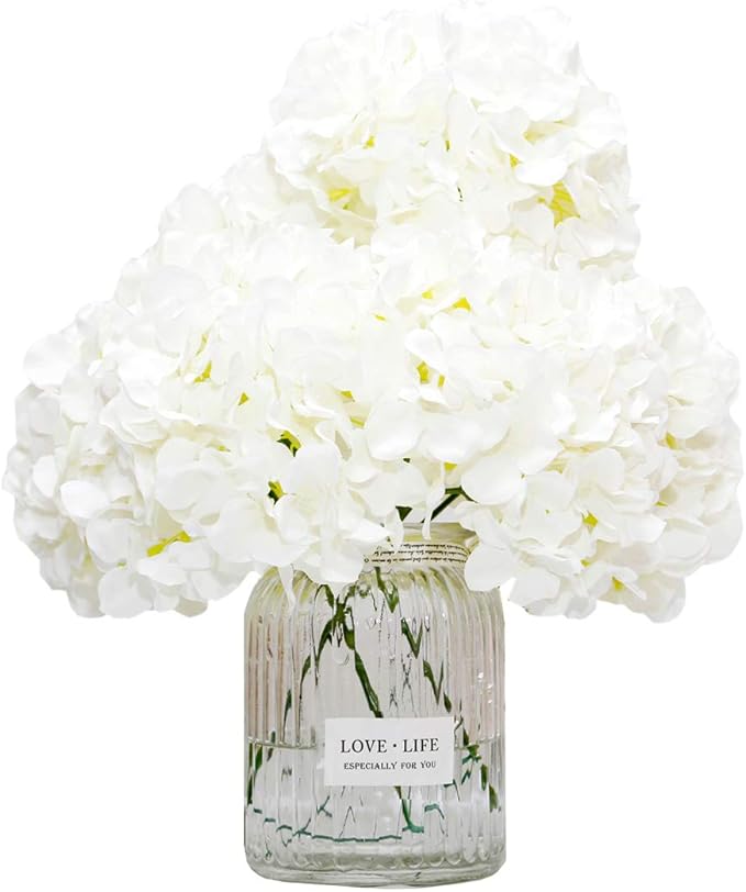 DuHouse Artificial Bigger Silk Hydrangea Flower Heads with Stem Fake White Hydrangea Flowers for Wedding Home Garden Centerpiece Pack of 6