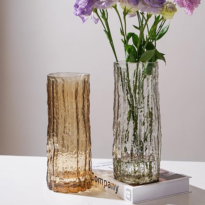Clear Glass Vase Cylinder 7" Ribbed Thickened Flower Vase Crystal Vase for Modern Centerpieces Home Decor Living Room Bedroom Dining Table Office Wedding Decoration Gift (Clear)
