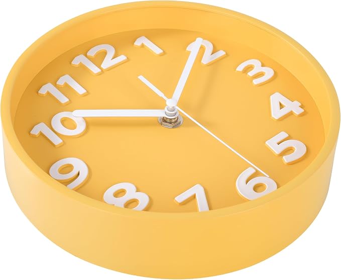 45MinST 8-Inch Yellow Modern Wall Clock – Silent Non-Ticking, 3D Large Numbers, Accurate Timekeeping | Decorative Wall & Desk Clock with Stand for Living Room, Bedroom, Kitchen, or Office
