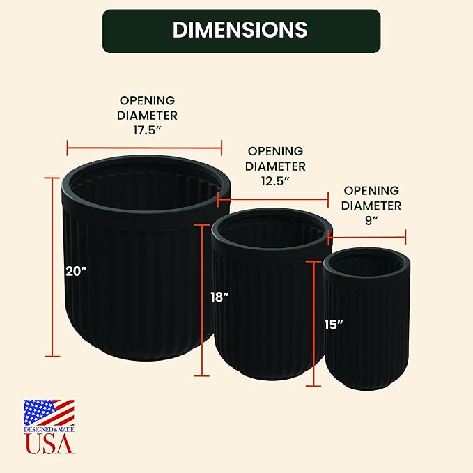 Beuta Large Planters for Outdoor Plants - Set of 3, 15/18/20 Inches Outdoor Planters for Porch - Tall Planter for Outdoor & Indoor Plants | Large Indoor Plant Pot - USA Made - Black