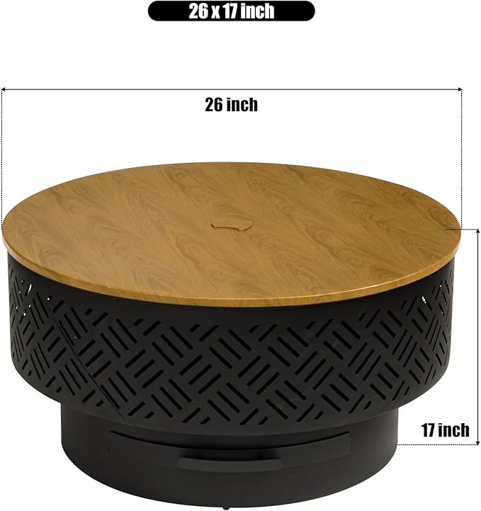 OutVue 26" Wood Burning Fire Pits with Grill & Lid, Fire Pit Table for Outside with Waterproof Cover & Fire Poker, Outdoor Firepit with Functions for BBQ,Table and Bonfire