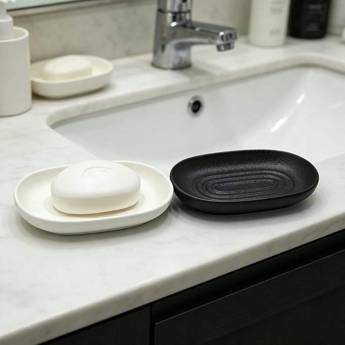 Ceramic Soap Dishes for Bar Soap- Matte White Textured Finish Bar Soap Holder for Bathroom Kitchen Sink & Shower - Easy to Clean Simple Oval Soap Dish Soap Tray for Soap Bars, Sponges, Jewelry