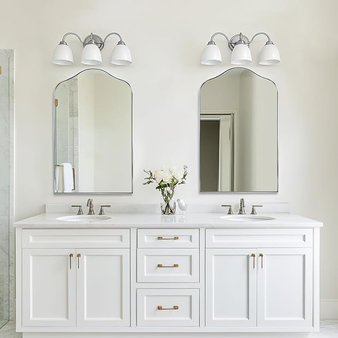 ANDY STAR Scalloped Arched Mirror, 24x36 Brushed Nickel Irregular Bathroom Mirror for Vanity, Asymmetrical Curved, Silver Rustproof Stainless Steel Frame, for Over Sink, Bedroom, Mantel, Fireplace