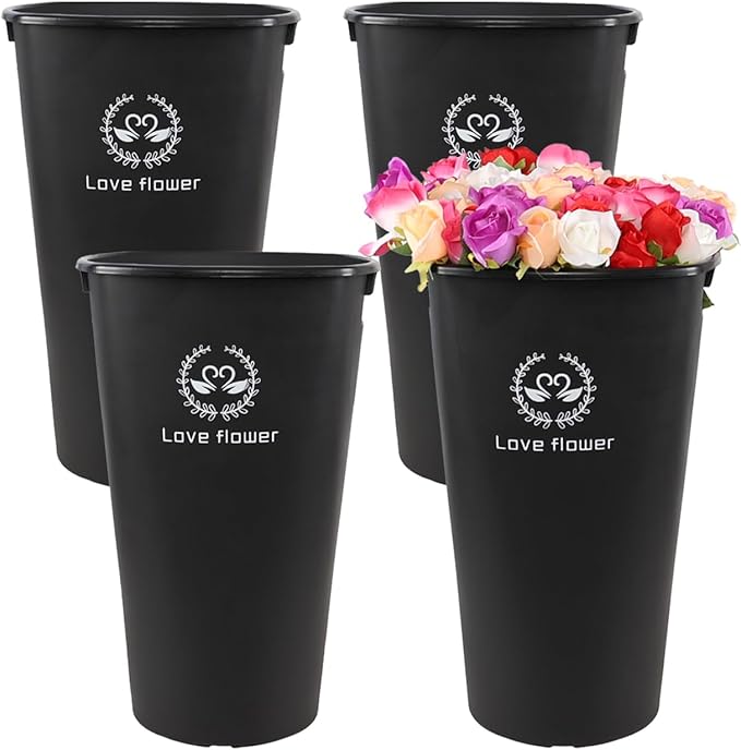 19.68" Tall Large Plastic Floral Bucket, 4 Pack French Flower Bucket with Cutout Handles, Black