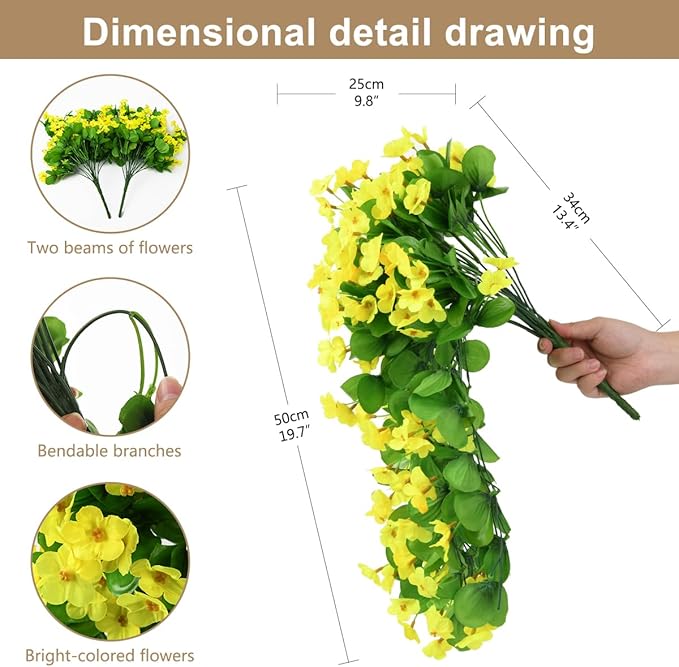 Artificial Fake Hanging Flowers Plants for Outdoor Spring Summer Decoration, 2PCS Faux Silk Violet UV Resistant Look Real Trailing Vines for Outside Home Planter Porch Patio(Yellow)