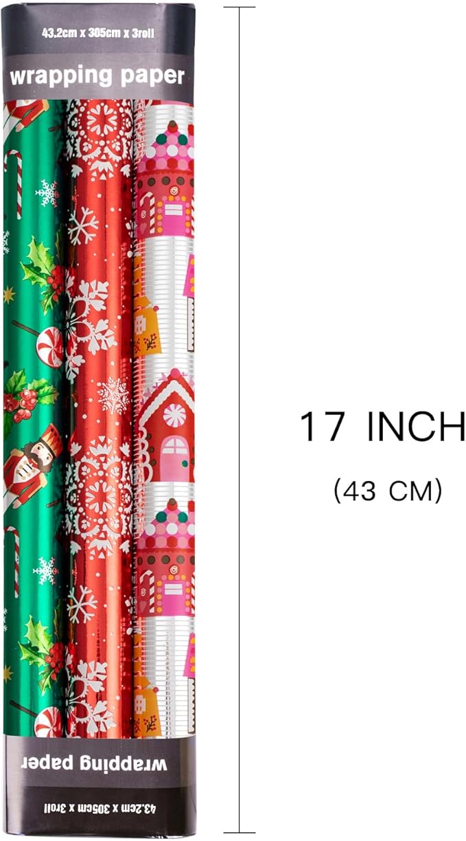 LeZakaa Christmas Wrapping Paper Mini Roll, Nutcracker Snowflake Gingerbread House Design Metallic Foil Holiday Gift Wrap, Arts Craft, for Xmas Winter Party, 17 x 120 inches, 3 Rolls