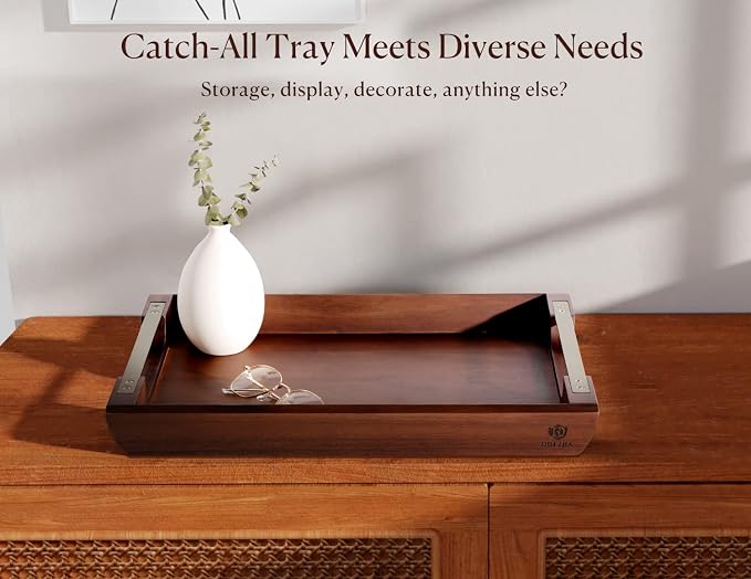 Acacia Wood Serving Tray with Metal Handles, 17x13in Food Drinks Tray for Coffee Table, Breakfast, Dinner & Bar, Rustic Decorative Storage Tray for Ottoman, Kitchen, Elegent Gift for Father