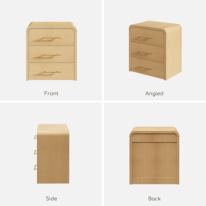 Curved 3-Drawer Nightstand Dresser, 23.6'' Wide Modern Wood Bedside Tables with Long Metal Handles, Large Storage End Tables for Bedroom, Office, Natural Oak
