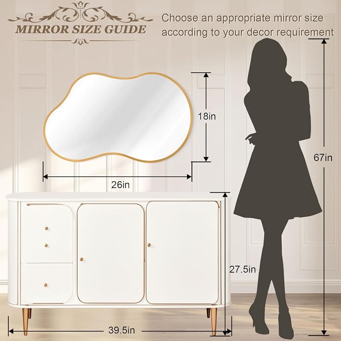Irregcular Wall Mirror 26"x16" Gold Asymmetrical Bathroom Mirror Metal Framed Modern Decorative Vanity Mirrors for Bedroom Living Room Entryway