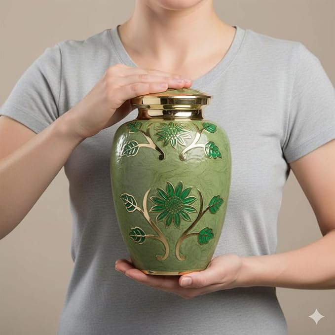 Green Garden Brass Large Cremation Urn | Unique Brass Funeral Urn with Gold & Green Enamel Details | Large
