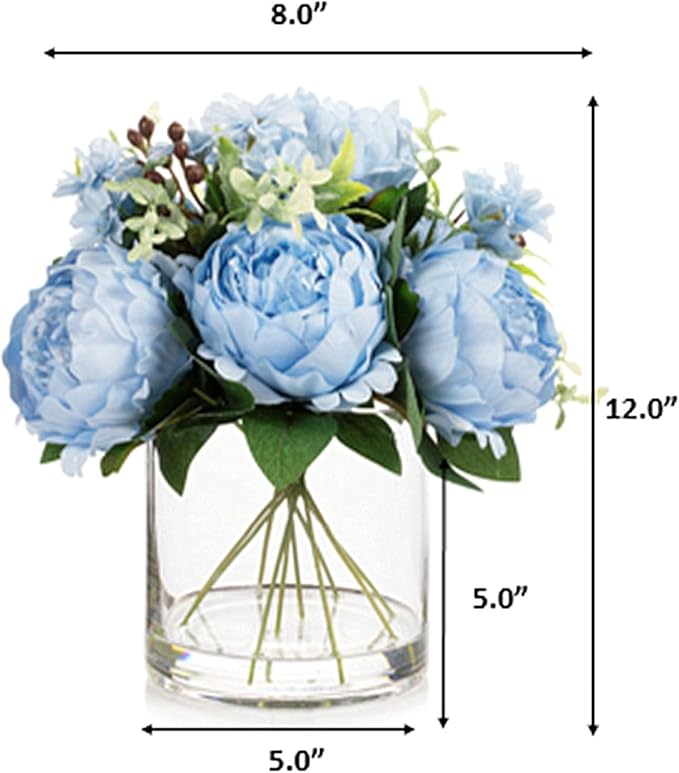 ENOVA FLORAL Artificial Flower Arrangement with Vase,Mixed Artificial Fake Silk Peony Flower in Vase for Decoration Home Office, Wedding Centerpiece (Blue01)
