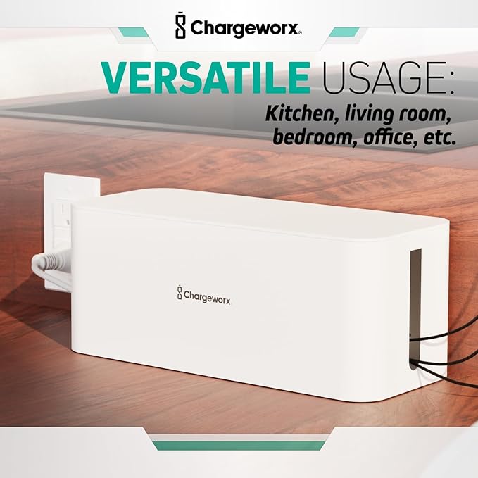 ChargeWorx Cable-Management Box Set, 2 Pack Cord Organizer to Hide Power Strips and Surge Protectors, Desk and Floor Wire Concealer for Home Office, TV Area, White