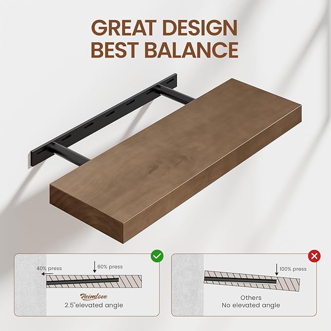 Heimlove Solid Wood Floating Shelves 24 inch, 8 Inch Deep Display Shelves Set of 2, Wall Mounted Floating Shelf with Invisible Brackets for Bathroom Bedroom Kitchen Living Room - American Walnut