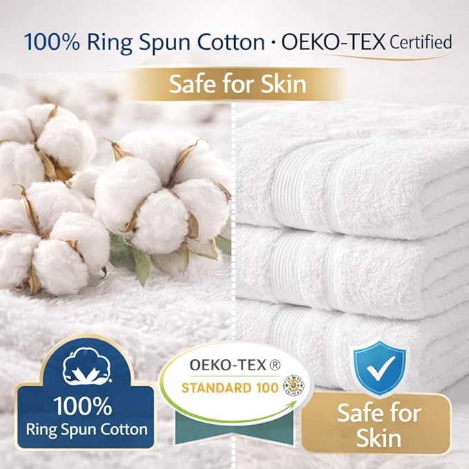 Bath Towels 27x52 | Soft & Quick-Dry | Highly Absorbent 100% Ring Spun Cotton Towels for Bathroom, Spa, Home & Hotel Use (White (Pack of 4))