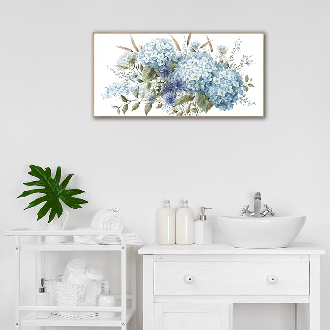 VEAEE Framed Flowers Canvas Wall Art - Blue Floral Canvas Pictures, Living Room Wall Decor, Blue Hydrangea Botanical Canvas Prints Painting Abstract Artwork Bedroom Office Home Decor 20"x 40"