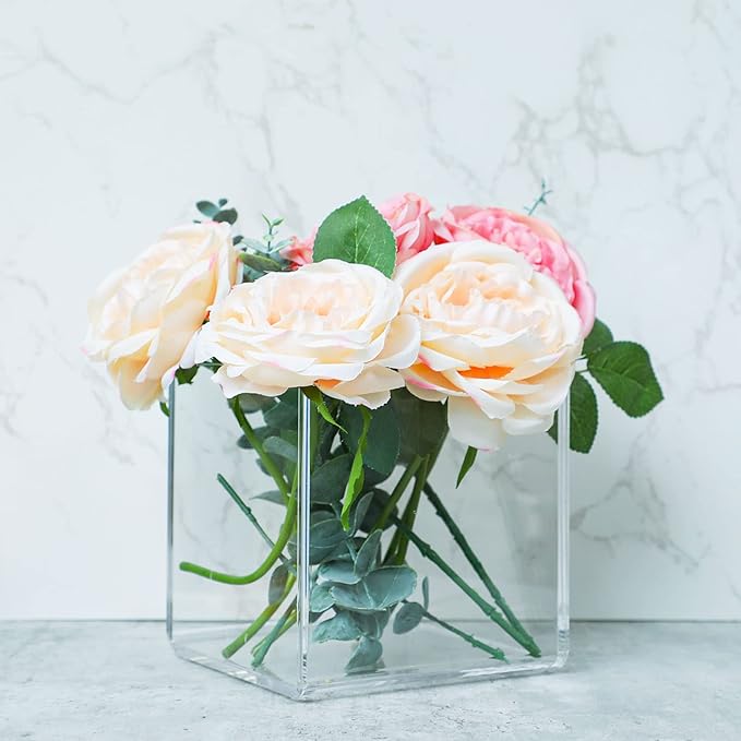 Kamehame Clear Acrylic Vase, 6"x6"x6" Wide Vase for Centerpieces, Succulent Pots Planters, Floral Square Cube Flower Vases for Home Office Wedding Decor