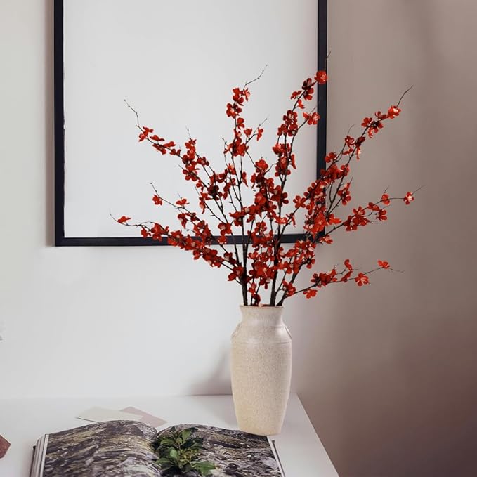 LESING 4pcs Cherry Blossom Flowers Artificial, Fake Silk Cherry Blossom Branches Tall Peach Blossom Flower Stems Arrangement for Wedding Home Office Party Decoration (Red-2)