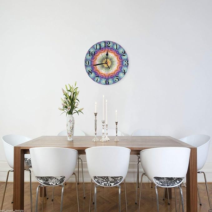 Mandala Wall Clock Battery Operated Silent Non Ticking Round Clock Bohemian Peacock Feathers Wall Decor for Home, Office, School 9.8 Inch