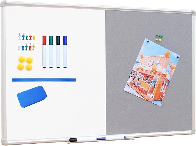 DEVELOP Grey Felt Bulletin & Magnetic Dry Erase Combo Board, 24 x 18 Inch, Wall Mounted Whiteboard/Grey Felt Bulletin Combination Board with Marker Tray, Pins, Eraser, Markers & Magnets