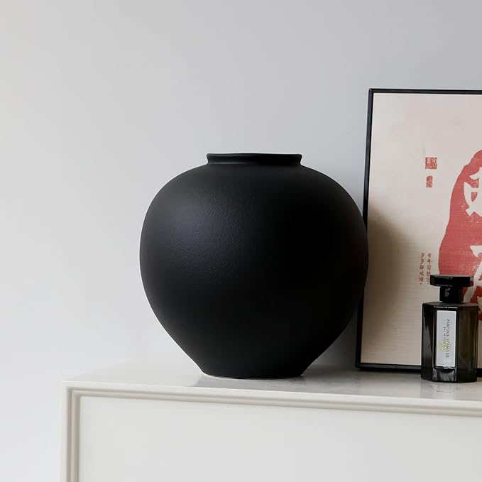 Extra Large Black Ceramic Flower vase Decorative Jar Oversize Modern Centerpiece Table Decorations,Round Shape Rustic Ceramic vases for Home Decor Dining Room(Black, 0807)