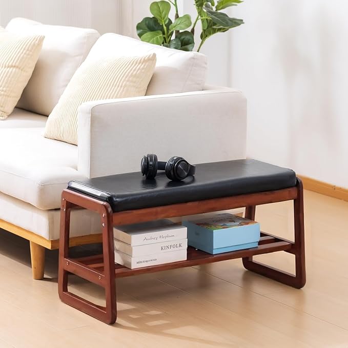 SOBIBO Solid Wood Shoe Bench, 2-Tier Wooden Entryway Bench, Modern Shoe Rack with Faux Leather Cushion for Hallway, Living Room (Black, 31.5'')