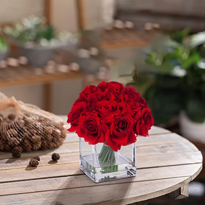 ENOVA FLORAL 18 Pieces Red Rose Artificial Flowers in Vase, Floral Arrangements Artificial with Vase and Faux Water for Wedding, Home Decor Indoor(Red)