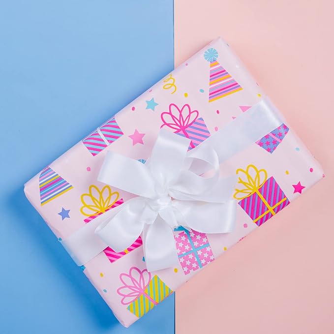 WRAPAHOLIC 30 Inch Girl Birthday Wrapping Paper - Pink Girl Wrapping Paper for Birthday, Holiday, Party, Baby Shower - 30 Inch x 33 Feet