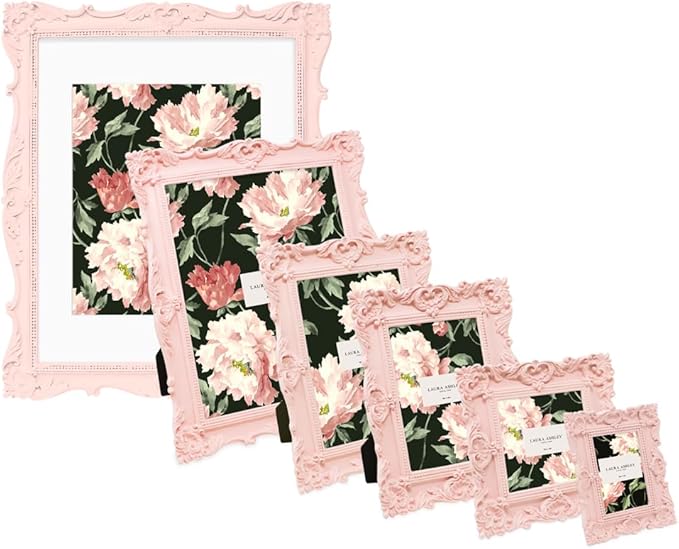 Laura Ashley 11x14 Pink Ornate Textured Hand-Crafted Resin Picture Frame, Wall Mount, Decorative Floral Design Home Décor, Photo Gallery, Art, More (Pink, 11x14 (Matted 8x10))