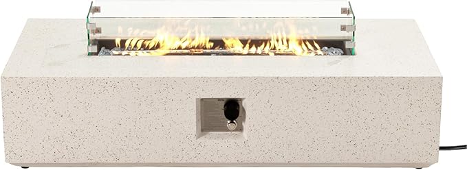 COSIEST Outdoor Propane Fire Pit Table, 56" x 28" Rectangle Terrazzo White Concrete-Like Finish, Certified, 50,000 BTU Stainless Steel Burner w Transparent Gray Fire Glass, Wind Guard, Raincover