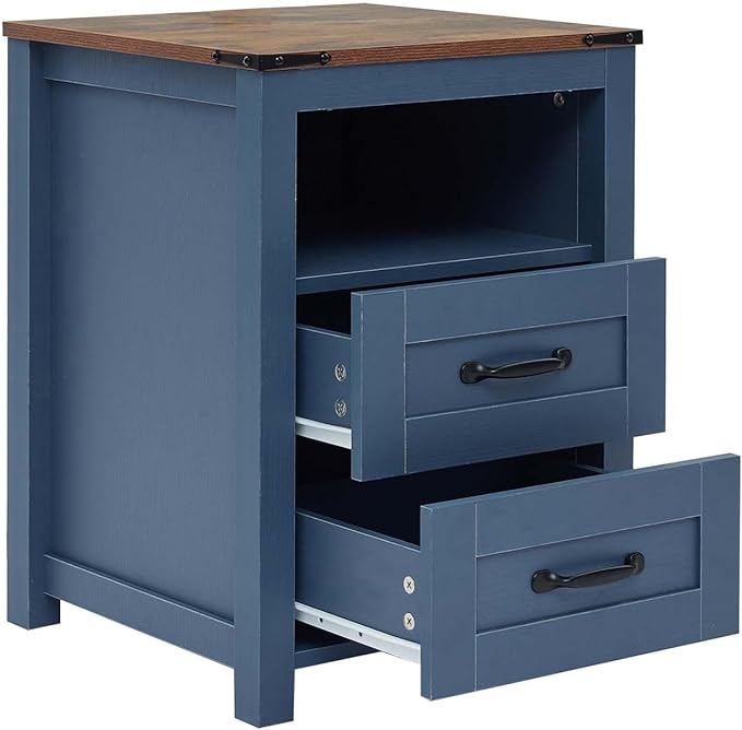 Farmhouse Night Stand, Rustic Blue Nightstand for Bedroom, End Tables Without Charging Station, Bedside Table with Drawers, Wood Bedside Cabinet Dresser