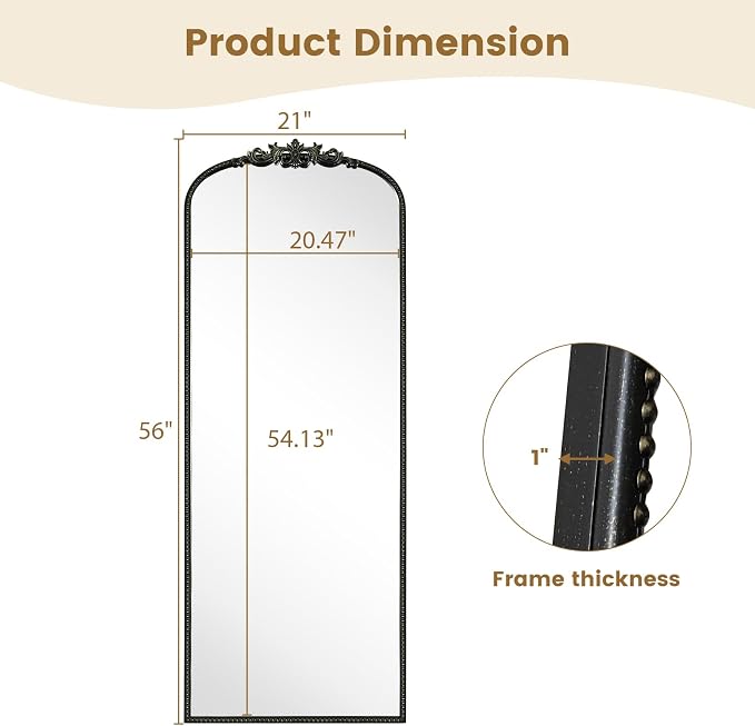 WallBeyond Arched Full Length Mirror Wall Mounted, 21x56 Inch Black Antique Mirror, Vintage Metal Frame Full Body Mirro for Bedroom, Living Room, Hanging or Leaning