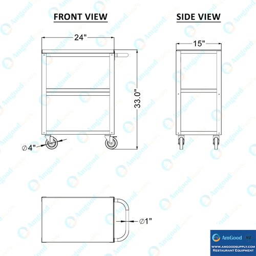 3 Shelf Metal Utility Cart on Wheels with Handle - 15 in. Wide X 24 in. Long X 33 in. High