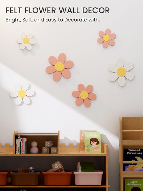 Fluxynara Daisy Felt Flower Wall Decor - 6 PCS Acoustic Art for Nursery & Kids' Rooms | Pink/White