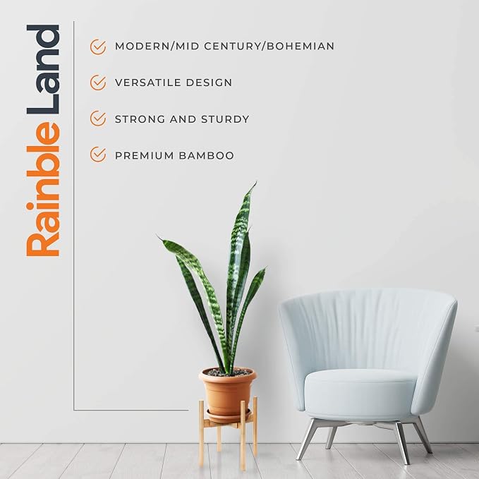 RAINBLELAND Indoor Plant Stand, Adjustable Wooden Tall Plant Stand, Indoor Planter Holder, Mid Century Modern Planter Outdoor Bamboo Holder, Fits 8 9 10 11 12 in Wide Basket, Expandable Pedestal Only