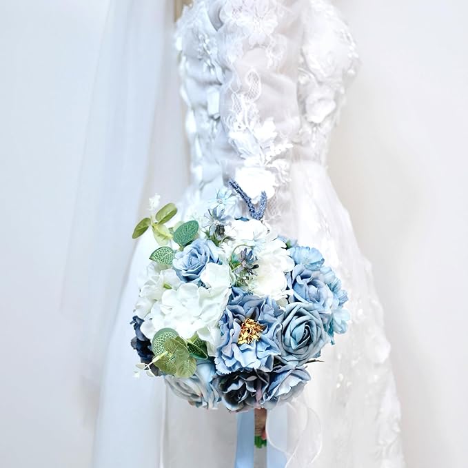 Dusty Blue Wedding Bouquets for Bride Bridesmaid,White Navy Blue Artificial Fake Silk Roses Flowers Bridal Bouquets for Wedding Boho Rustic French Vintage Church Decoration Toss Bouquet (8.6in(M))