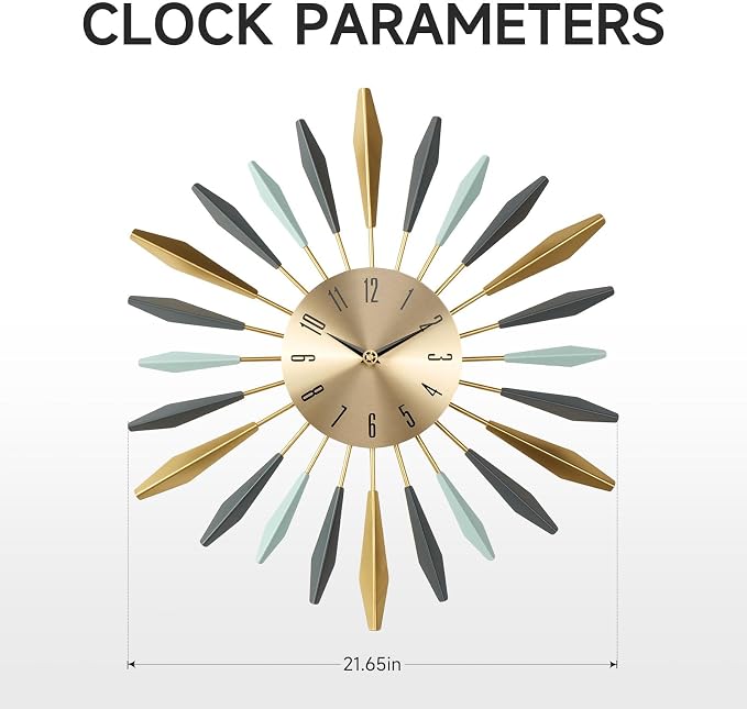 Cuspin Mid Century Modern Wall Clock, 22 Inch Large Metal Wall Clock for Living Room Decor, Colorful Sunburst Starburst Decorative Clocks Silent Battery Operated for Kitchen Bedroom Office