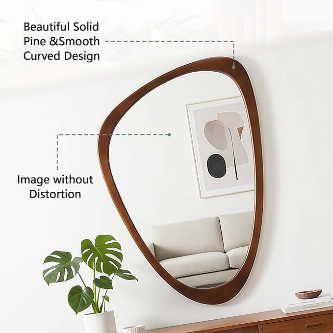 20x30 Inch Asymmetrical Wall Mirror Wood,Rustic Irregular Shaped Vanity Mirror for Bathroom,Bedroom, Living Room, Entryway, Fireplace,Wall Decor,Solid Wooden Frame (Dark Walnut, 20"x30" Inch)