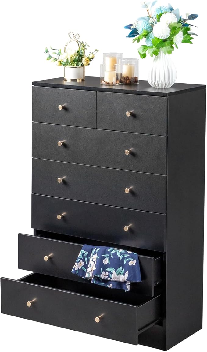 Karl home Black 7 Drawer Dresser for Bedroom, Tall Dresser Chest of Drawers, Wood Bedroom Dressers Clothes Organizer, Anti-Tipping Device, Rose Gold Metal Handle, Living Room, Entryway, Office