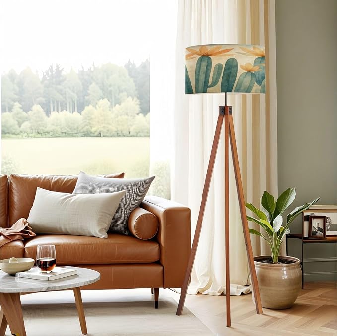 Wood Tripod Floor Lamp Green Succulents Floral Boho Plants Orange Flowers Foliage Botanical Mid Century Standing Lamp Linen Shade Dimmable Modern Tall lamp Home Decor for Living Room Bedroom Office