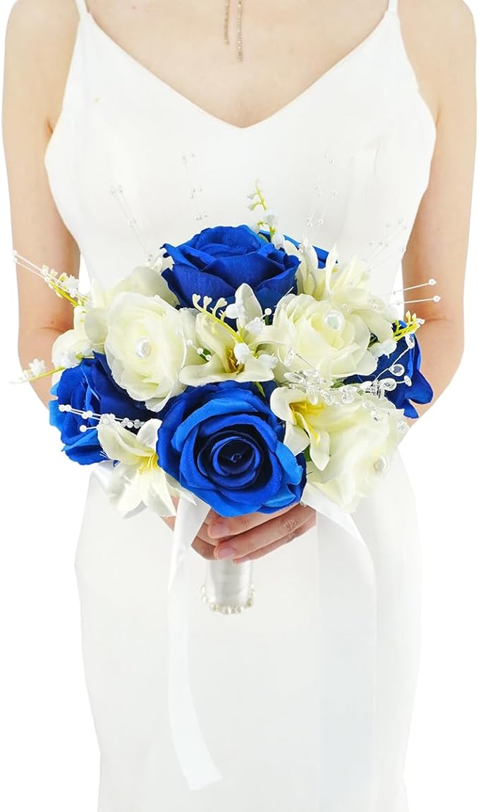 Royal Blue & White Wedding Bouquets for Bride Bridesmaid Bouquet Artificial Roses Tossing Bridal Bouquet for Wedding Church Home Decoration, Gifts