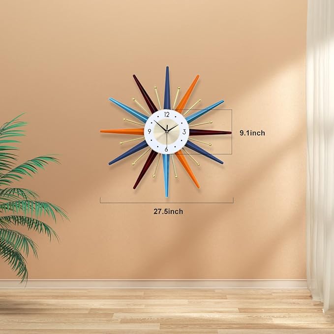 FIELDY Large Wall Clock 27.5 Inch Mid Century Wall Clocks Starburst Clock Non Ticking Battery Operated 3D Wall Clocks Home Décor for Living Room, Kitchen, Dining Room, Bedroom