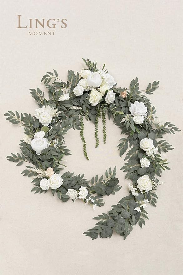 Ling's moment 9FT Spring Flower Garland for Backdrop Decorations - Wedding Arch Flowers, Eucalyptus & Rose, Artificial Floral Garland for Mantel - Sweetheart Table Decor for Reception, White & Sage