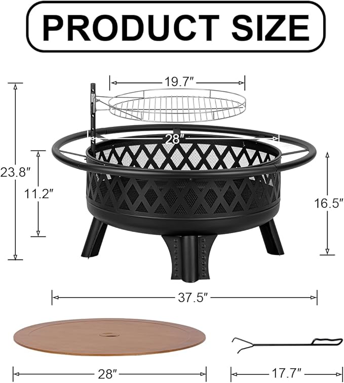 Panovue 38 Inch Wood Burning Fire Pit for Outside, Round Firepit with Grill & Metal Lid, Metal Outdoor Fire Pit Table for Patio Backyard Garden Bonfire Party