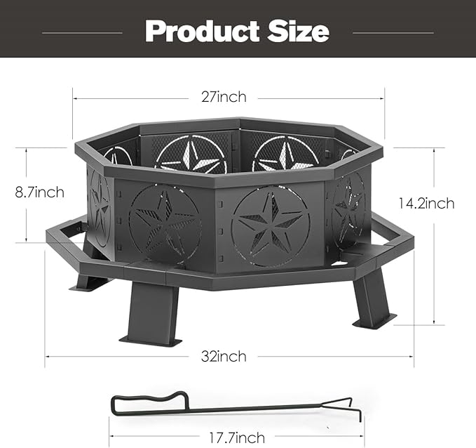 Verdeluxe 32 Inch Octagonal Outdoor Fire Pit,Wood Burning Fire Pit with Fire Poker,Firepits for Outside Bonfire,Camping,Backyard, Garden,Patio