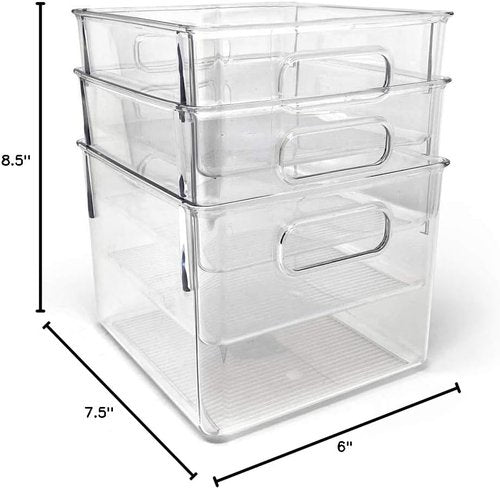 Isaac Jacobs Medium Clear Storage Bins - 3-Pack Plastic Organizers with Handles for Home, Kitchen & Fridge | BPA Free, Food Safe