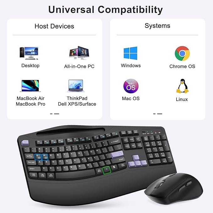 Wireless Keyboard and Mouse Combo, 2.4G Full Size Wave Keys Ergonomic Keyboard with Wrist Rest, Phone Holder, 3-Level DPI Wireless Silent Mouse with 6-Buttons, for Windows, Mac OS (Purple Black)