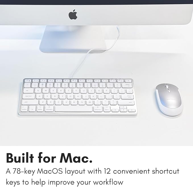 Macally Small Keyboard for Mac with USB Hub (3 Ports) - Wired 2 in 1 USB C + A Plug - Save Space with an Apple Compatible Keyboard (78-Key Layout) - Silver