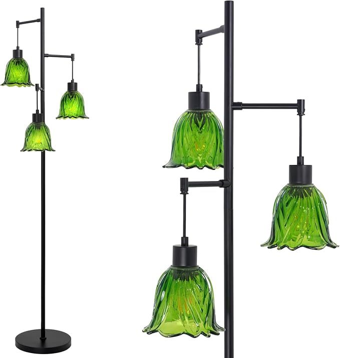 Green Glass Flower Floor Lamp,3 Light Tree Standing Lamp for Living Room Bedroom,Mid Century Modern Tall Floor Lamps Vintage Retro Boho Bohemian Home Office Decor Lamp Shade-Black
