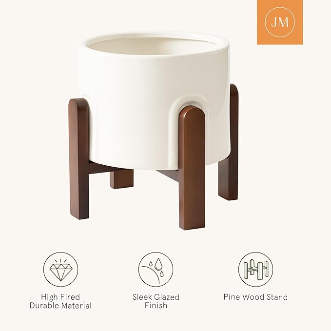 La Jolie Maison White Planter with Wood Stand, Large Ceramic Planter for Indoor Plants, 9 Inch Modern Planter Pots Whit Drainage Hole